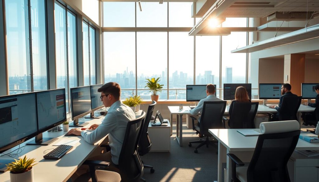 A modern and well-lit open-plan office space, with rows of desks and ergonomic chairs arranged in a functional layout. Sunlight streams in through large windows, casting a warm glow across the scene. In the foreground, a group of financial analysts intently reviewing charts and reports on their dual-monitor computer setups, their brows furrowed in concentration. Potted plants and minimalist decor add a touch of sophistication to the middle ground, while the background reveals a panoramic view of a bustling city skyline, reflecting the dynamic nature of the securities industry. The overall atmosphere is one of productive focus, with a hint of the high-stakes, fast-paced environment that characterizes the work life of a securities analyst.