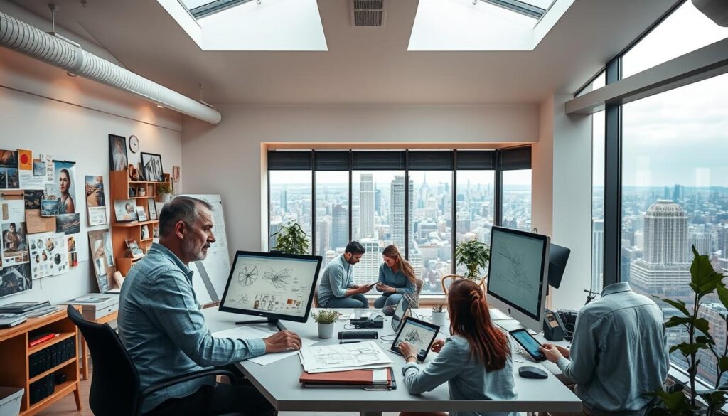 A modern art studio with an airy, open-concept layout. An art director sits at a large, well-organized desk, deep in thought as they review sketches and digital mockups on a high-resolution monitor. Soft, diffused lighting from overhead skylights casts a warm, creative glow. The walls are adorned with inspirational mood boards, color palettes, and samples of past successful projects. In the middle ground, a team of designers collaborate on digital tablets, brainstorming ideas. In the background, a panoramic view of a bustling urban cityscape provides a dynamic backdrop, suggesting the art director's role in shaping the visual landscape. An atmosphere of focus, creativity, and productivity permeates the scene.