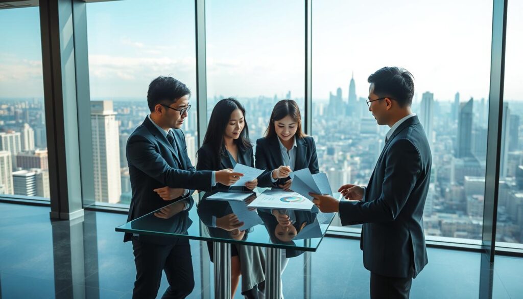 A modern, bustling office interior with a panoramic city skyline view through large windows. In the foreground, a group of young, professional Japanese-looking individuals in smart business attire are engaged in a collaborative meeting, discussing charts and documents on a sleek glass table. Soft, directional lighting creates a crisp, dynamic atmosphere, highlighting the dynamism and global perspective of this international corporate environment. The scene conveys a sense of cutting-edge technology, innovation, and cross-cultural exchange at the heart of this forward-thinking, multinational enterprise.