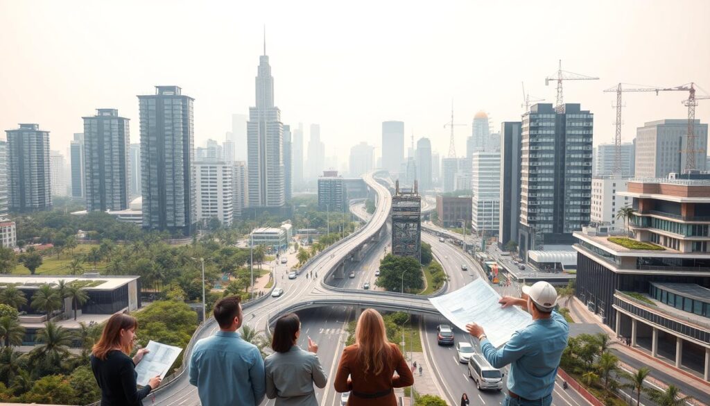 A modern cityscape of a smart city development, with high-rise buildings, green spaces, and advanced transportation infrastructure. In the foreground, a group of urban planners and architects discuss blueprints, evaluating the integration of sustainable technologies like renewable energy, efficient building design, and intelligent traffic management systems. The midground features self-driving vehicles and pedestrians moving seamlessly through the well-designed public spaces. In the background, a network of IoT sensors and communication towers enable real-time data collection and analysis, powering the city's adaptive and responsive infrastructure. Soft, diffused lighting creates an atmosphere of innovation and progress, capturing the collaborative efforts of urban planning consultants shaping the future of this vibrant, smart city development.