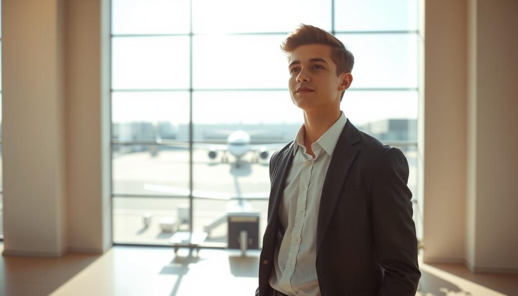 A modern, clean-lined office interior with a large window overlooking a bustling airport tarmac. In the foreground, a young professional in business attire stands, their gaze directed towards the aircraft outside, eyes filled with determination and ambition. The lighting is bright and natural, casting a warm, inspirational glow. The scene conveys a sense of possibility and the excitement of embarking on a new career path in the aviation industry, despite a lack of prior experience.