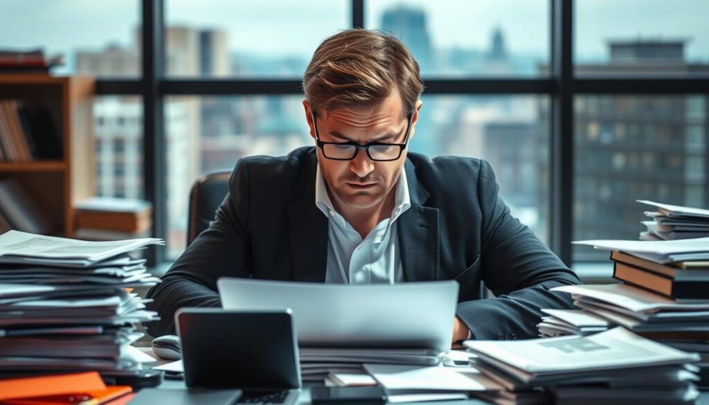 A modern columnist sits at a cluttered desk, surrounded by digital devices and stacks of paper. The bright overhead lighting casts sharp shadows, highlighting the tension and pressure on the columnist's face as they grapple with a myriad of deadlines, social media demands, and the challenge of crafting compelling content in an ever-changing media landscape. In the background, a blurred cityscape through a window suggests the hustle and bustle of the modern world, with its constant need for fresh perspectives and insights. The scene conveys the complex and multifaceted challenges faced by today's columnists, who must navigate the evolving expectations of their readers and the broader cultural shifts that shape the industry.