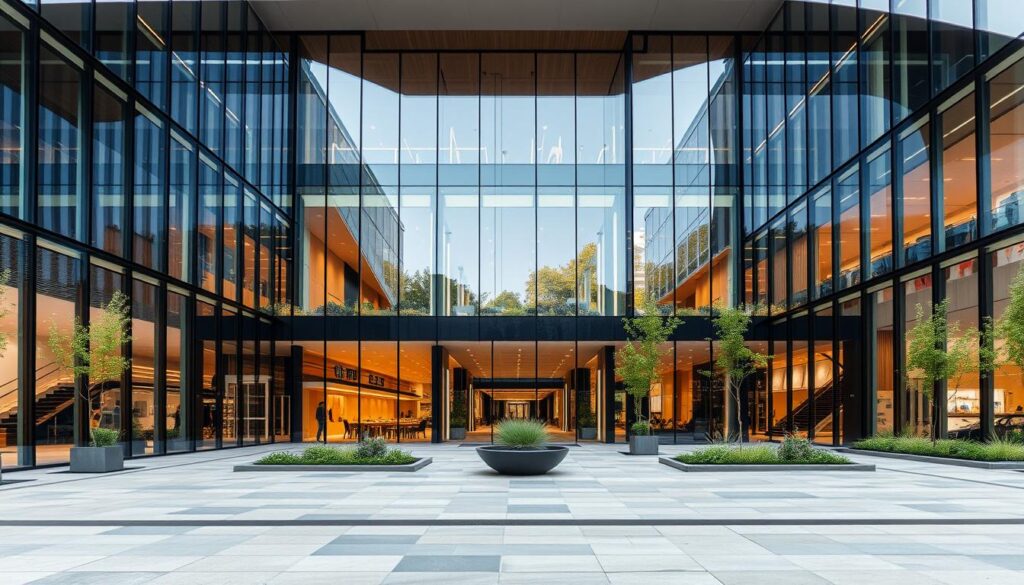 A modern commercial complex with a sleek, minimalist design. The building features a glass facade that reflects the surrounding environment, blending seamlessly with the urban landscape. The interior showcases a spacious, open-plan layout with high ceilings, natural lighting, and clean lines. Subtle accents of wood and metal add warmth and texture, creating a sophisticated and inviting atmosphere. The plaza in front of the building is adorned with sculptural elements and carefully curated greenery, providing a serene outdoor space for visitors to enjoy. Captured through a wide-angle lens, the image conveys a sense of scale and grandeur, highlighting the architectural mastery behind this commercial design project.