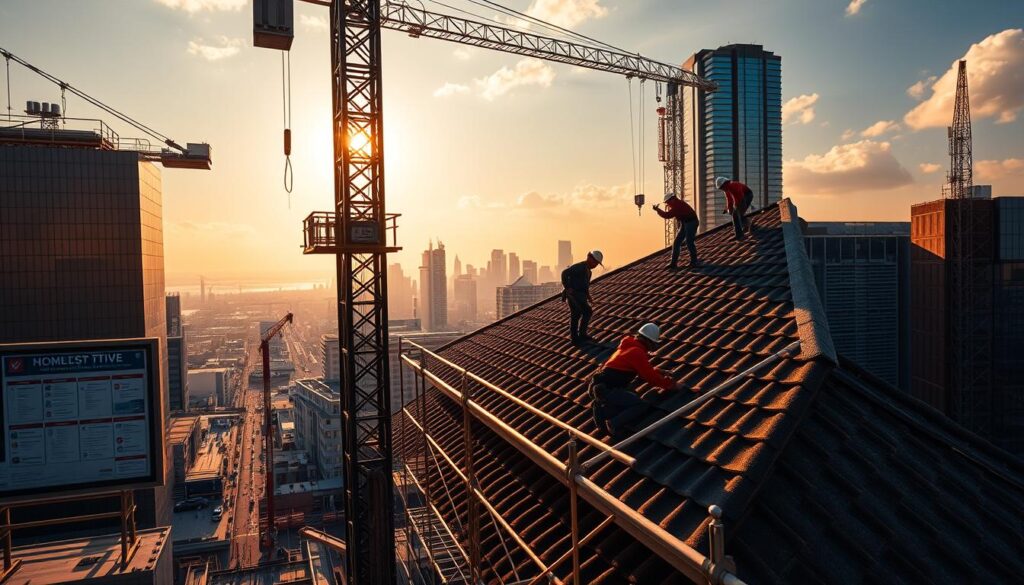 A modern construction site, with a towering crane casting long shadows across the scene. In the foreground, a group of skilled roofers, known as "tori-shoku," carefully navigate the scaffolding, securing the roof tiles with precision. The mid-ground features a bulletin board displaying a range of job postings, highlighting the diverse career opportunities within the tori-shoku profession. In the background, a cityscape of sleek high-rises and bustling streets, conveying the dynamic nature of the industry and the demand for skilled workers. The lighting is a warm, golden hue, creating a sense of productivity and ambition. The overall atmosphere exudes a mix of industriousness, professionalism, and the potential for growth within the tori-shoku career path.