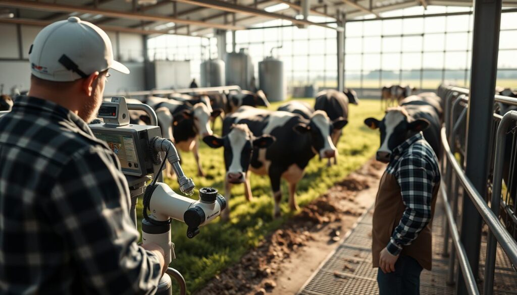 A modern dairy farm embracing innovation. In the foreground, a farmer intently monitors a sleek, computerized milking system, its robotic arms efficiently collecting the precious white liquid. In the middle ground, a herd of contented Holstein cows graze on lush, verdant pastures, their health and well-being meticulously tracked by a network of sensors. The background showcases state-of-the-art storage and processing facilities, where the milk is swiftly chilled, tested, and packaged for distribution. Crisp, diffused daylight filters through large windows, illuminating the scene with a sense of progress and sustainability. The overall atmosphere conveys a thoughtful balance between traditional farming and cutting-edge technology, reflecting the dairy industry's continuous evolution.