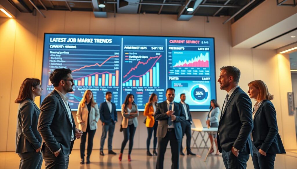 A modern, dynamic office interior with a large digital display board showcasing current job market trends. Warm, diffused lighting illuminates the scene, creating a professional and forward-looking atmosphere. In the foreground, a group of business executives in formal attire discuss the latest hiring data, their expressions focused and analytical. The middle ground features various job-seeking personas, each with a distinct appearance and posture, conveying the diversity of the talent pool. The background depicts a sleek, minimalist workspace with clean lines and subtle tech accents, hinting at the technological advancements shaping the employment landscape. The overall composition suggests a comprehensive, data-driven approach to understanding the current hiring trends and demands.