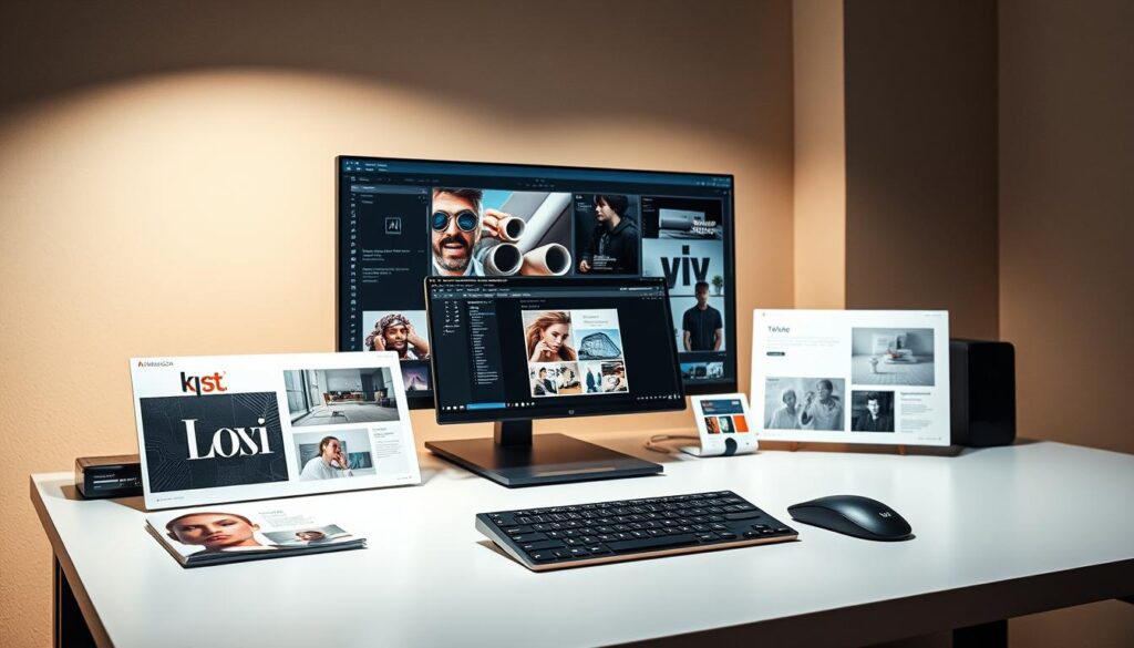A modern editorial designer's workspace, featuring an array of Adobe Creative Cloud applications arranged neatly on a sleek, minimalist desk. Soft, directional lighting from above casts a warm glow, highlighting the focus and concentration of the designer as they effortlessly navigate the digital tools. In the background, a large, high-resolution monitor displays design mockups and reference materials, while a compact, minimalist keyboard and mouse allow for precise control. The overall atmosphere conveys a sense of creativity, efficiency, and the seamless integration of technology in the editorial design process.