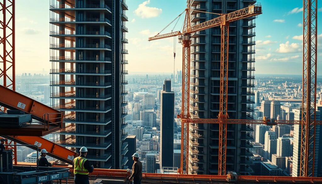 A modern high-rise building under construction, illuminated by warm, natural lighting. In the foreground, construction workers in hard hats and safety gear operate cutting-edge machinery, while in the middle ground, a crane towers overhead, hoisting large steel beams. The background reveals a bustling city skyline, hinting at the scale and ambition of this architectural project. The scene conveys a sense of technological progress, efficiency, and the cutting edge of the construction industry.