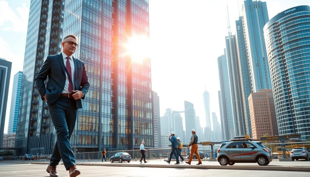A modern high-rise office building set against a vibrant urban skyline, with the sun's rays filtering through the glass facades. In the foreground, a facility manager in a crisp suit strides purposefully, overseeing the intricate systems that power the building's operations. The mid-ground showcases various maintenance and engineering teams collaborating seamlessly, utilizing state-of-the-art technology to optimize energy efficiency and tenant comfort. In the background, a futuristic cityscape with autonomous vehicles and towering skyscrapers hints at the ever-evolving role of the facility manager, adapting to the changing demands of the built environment. The scene conveys a sense of innovation, efficiency, and the growing importance of facility management in shaping the future of urban infrastructure.