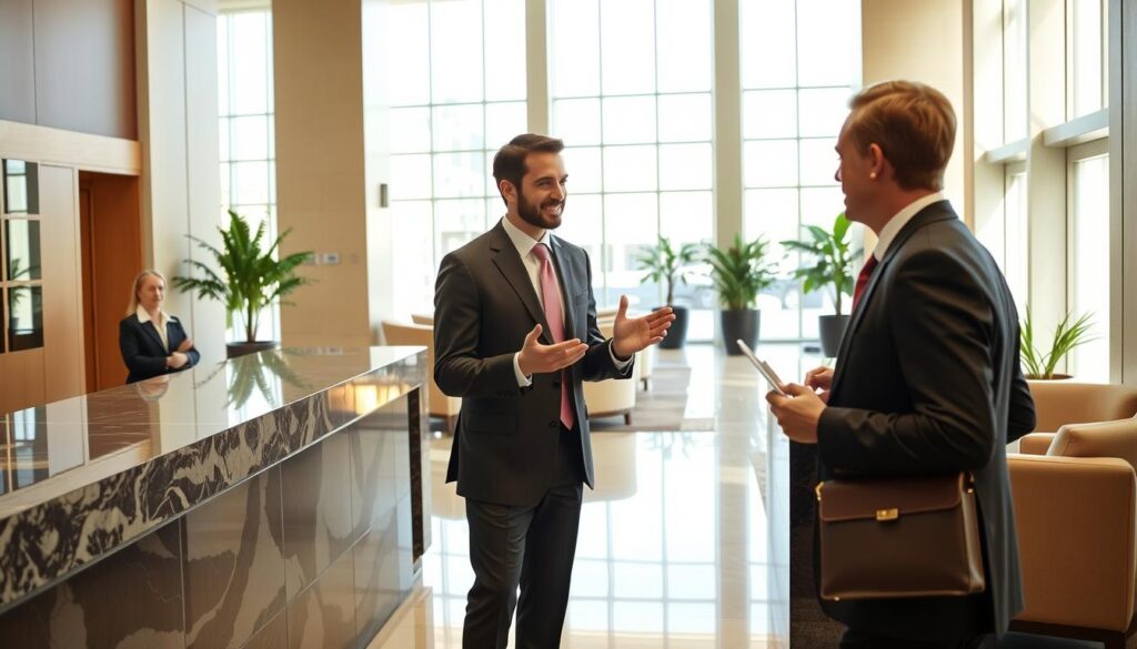 A modern hotel lobby, filled with natural light streaming through large windows. In the foreground, a well-dressed concierge assisting a guest, gesturing animatedly as they discuss local restaurant recommendations. Behind them, a marble-topped reception desk where another concierge efficiently checks in arriving visitors. In the background, plush seating areas and potted plants create a welcoming, high-end ambiance. The scene conveys the gracious, attentive service and attention to detail that defines the daily work of a professional hotel concierge.
