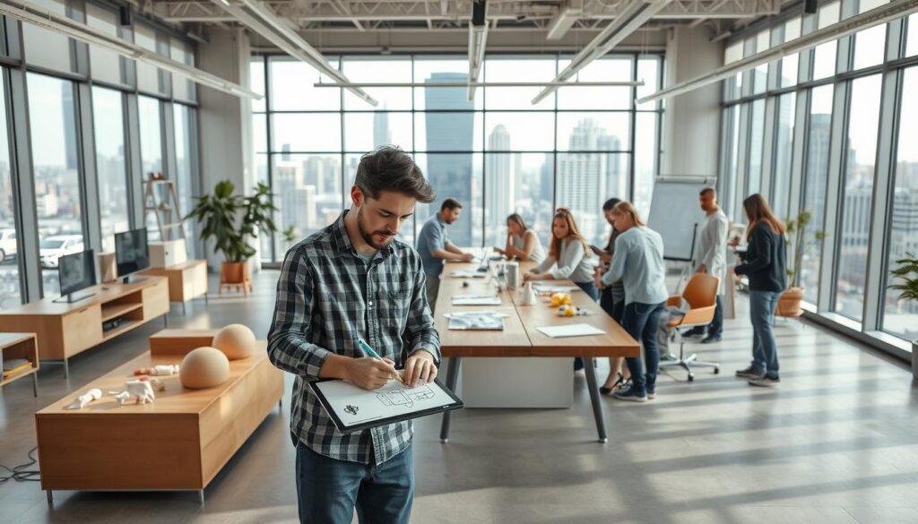 A modern industrial design studio filled with natural light, sleek furniture, and cutting-edge technology. In the foreground, a designer sketches ideas on a digital tablet, surrounded by 3D-printed models and material samples. In the middle ground, a team collaborates at a long wooden table, reviewing CAD renderings and discussing prototypes. The background features large windows overlooking a bustling cityscape, hinting at the diverse industries and clients the designers work with. The atmosphere is one of focused creativity, innovation, and a passion for shaping the products and environments of the future.