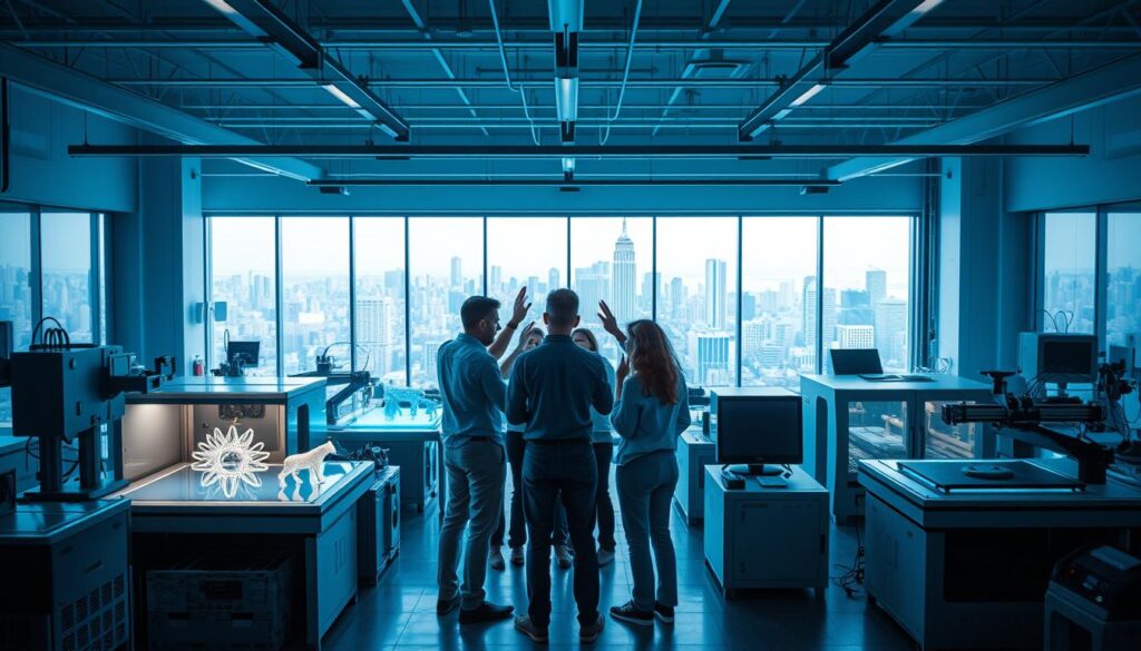 A modern industrial design workshop, filled with sleek machinery and cutting-edge technology. In the foreground, a team of designers huddle around a holographic display, manipulating 3D models with fluid hand gestures. The middle ground features a range of prototyping tools, from 3D printers to CNC routers, all bathed in a cool, blue-tinged lighting. In the background, a vast panoramic window reveals a bustling cityscape, hinting at the urban context that inspires this innovative work. The atmosphere is one of focused energy and boundless creativity, capturing the dynamic nature of the latest advancements in industrial design.