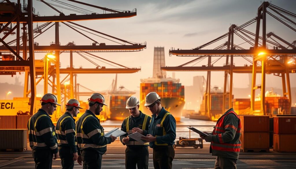 A modern, industrial harbor setting with a focus on the essential certifications and qualifications required for port workers engaged in cargo handling operations. The foreground depicts a group of dockworkers in uniform, examining documents and safety equipment against the backdrop of gantry cranes, shipping containers, and cargo vessels moored in the middle ground. Warm, diffused lighting illuminates the scene, conveying a sense of efficiency and professionalism. The background features the silhouettes of towering port infrastructure, emphasizing the scale and complexity of the maritime logistics industry. The overall composition aims to highlight the specialized skills and certifications that enable port workers to safely and effectively manage the flow of goods through the harbor.