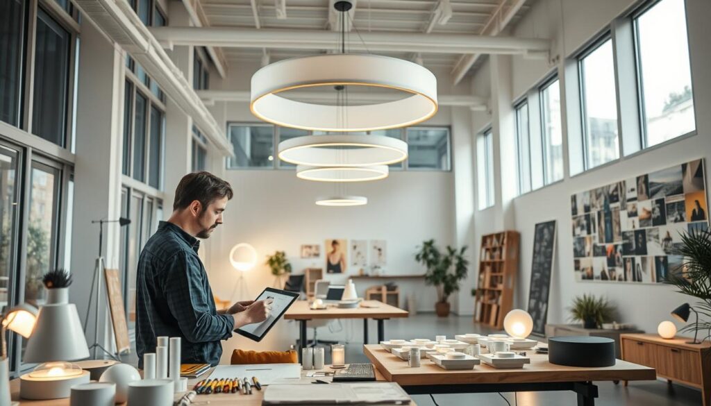 A modern lighting design studio, with floor-to-ceiling windows bathing the space in natural light. In the foreground, a designer sketches ideas on a digital tablet, surrounded by samples of various lighting fixtures and materials. The middle ground features a large, minimalist lighting installation suspended from the high ceiling, casting warm, indirect illumination throughout the room. The background showcases a mood board of inspirational images, showcasing the designer's creative process. The overall atmosphere is one of focus, innovation, and the pursuit of visual harmony.