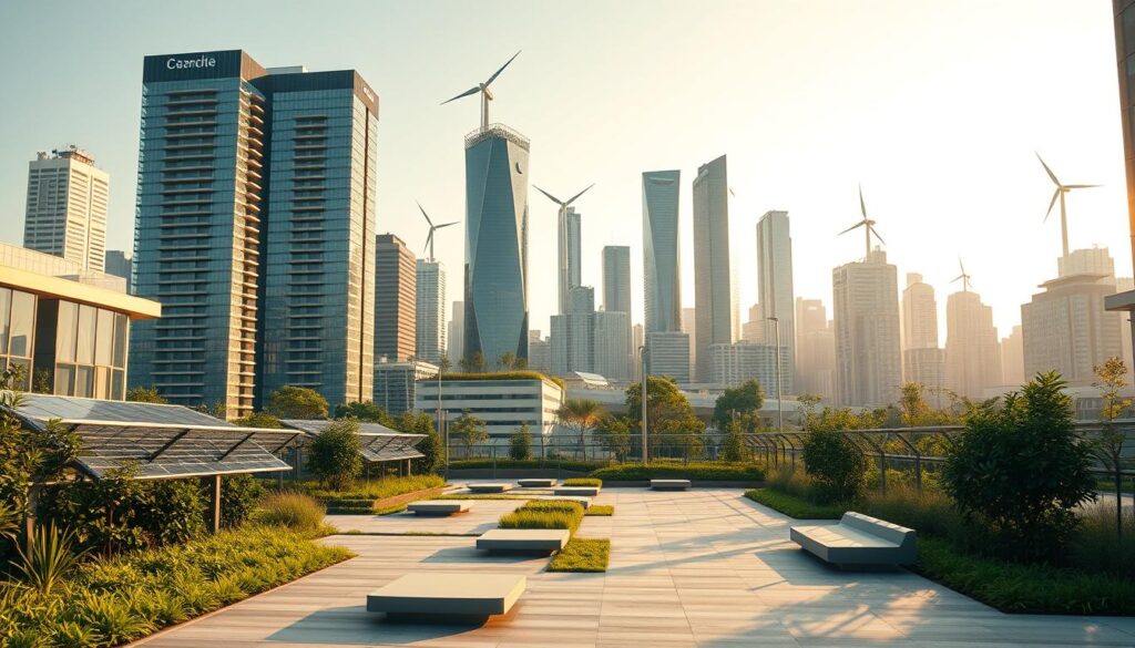 A modern, minimalist cityscape showcasing the latest trends in environmental design. In the foreground, an innovative public space with lush greenery, solar-powered lighting, and modular seating. In the middle ground, energy-efficient high-rise buildings with biophilic facades and rooftop gardens. In the background, a skyline of towering skyscrapers featuring cutting-edge sustainable technologies like wind turbines and solar panels. The scene is bathed in warm, golden lighting, conveying a sense of progress and environmental harmony. The overall mood is one of optimism and forward-thinking in the field of urban and architectural design.