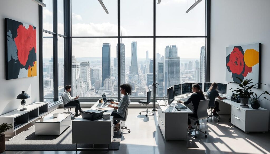 A modern, minimalist design studio with large windows overlooking a bustling city skyline. The interior features sleek, geometric furniture in monochrome tones, complemented by vibrant splashes of primary colors in abstract artworks on the walls. Natural light filters in, casting soft shadows and highlighting the clean lines of the space. A team of young, focused designers collaborate at their workstations, immersed in the latest digital design tools and software. The atmosphere is one of innovation, creativity, and the cutting edge of graphic design trends.