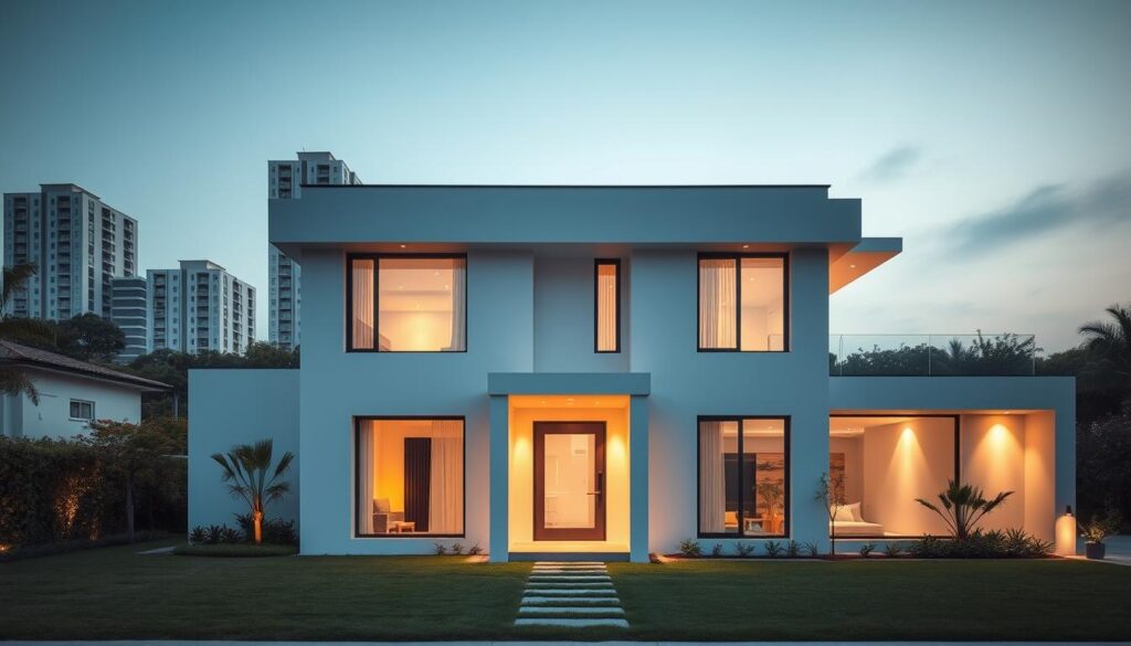 A modern, minimalist exterior with a clean, sleek design. A two-story house with large windows, a flat roof, and a well-manicured lawn. The front features a minimalist entryway with a simple, geometric canopy. Warm lighting illuminates the facade, casting soft shadows. The overall aesthetic is contemporary and high-end, reflecting the latest trends in smart, sustainable home design. In the background, a serene, urban landscape with tall buildings and lush greenery. The scene conveys a sense of sophistication, efficiency, and environmental consciousness.
