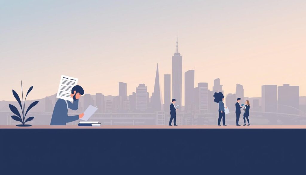 A modern, minimalist illustration depicting the step-by-step process of preparing for a career change into a consulting role. In the foreground, a person meticulously organizes their resume, portfolio, and certifications. In the middle ground, they research potential employers and network with industry professionals. In the background, a sleek city skyline sets the stage, conveying a sense of ambition and opportunity. The lighting is soft and slightly warm, creating a contemplative yet determined atmosphere. The composition utilizes clean lines, geometric shapes, and a muted color palette to emphasize the methodical nature of the transition.