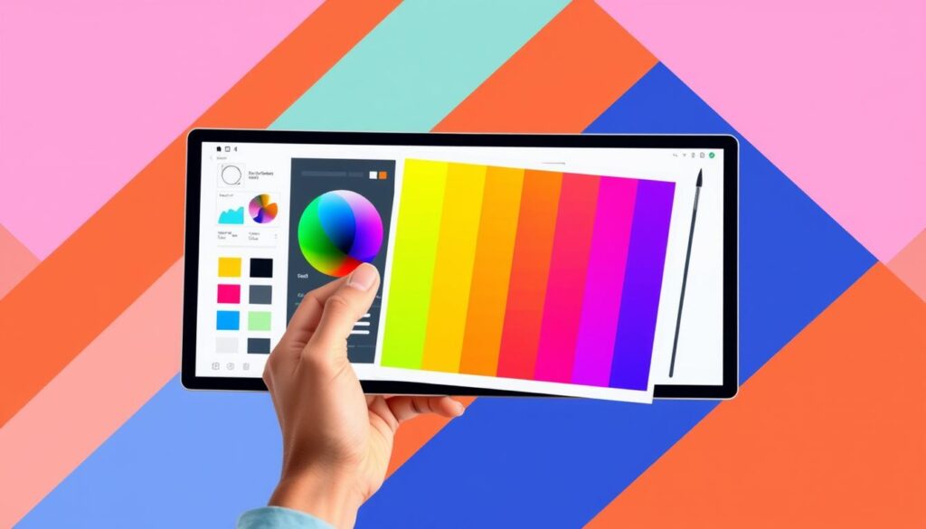 A modern, minimalist illustration showcasing the practical skills of color design. Centered in the frame, a designer's hand expertly wields a digital color palette, manipulating vibrant hues, gradients, and tones. The background features an abstract geometric pattern in a complementary color scheme, creating a sense of depth and balance. Soft, directional lighting illuminates the scene, highlighting the nuanced interplay of colors. The overall composition conveys the precision, creativity, and technical prowess required for effective color coordination in the professional realm.