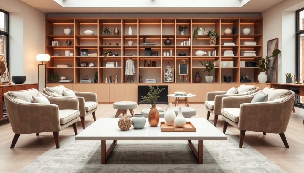 A modern, minimalist interior design studio showcasing a curated collection of essential home furnishings and decor. In the foreground, a sleek coffee table with clean lines displays a mix of vases, candles, and a decorative tray. Arranged around it are plush, mid-century inspired armchairs in neutral tones. In the middle ground, a built-in bookshelf hosts a variety of decorative objects, potted plants, and neatly stacked books. The background features a large window that floods the space with natural light, casting a warm, inviting glow. The overall atmosphere is one of sophisticated simplicity, highlighting the quality and versatility of the featured interior design items.
