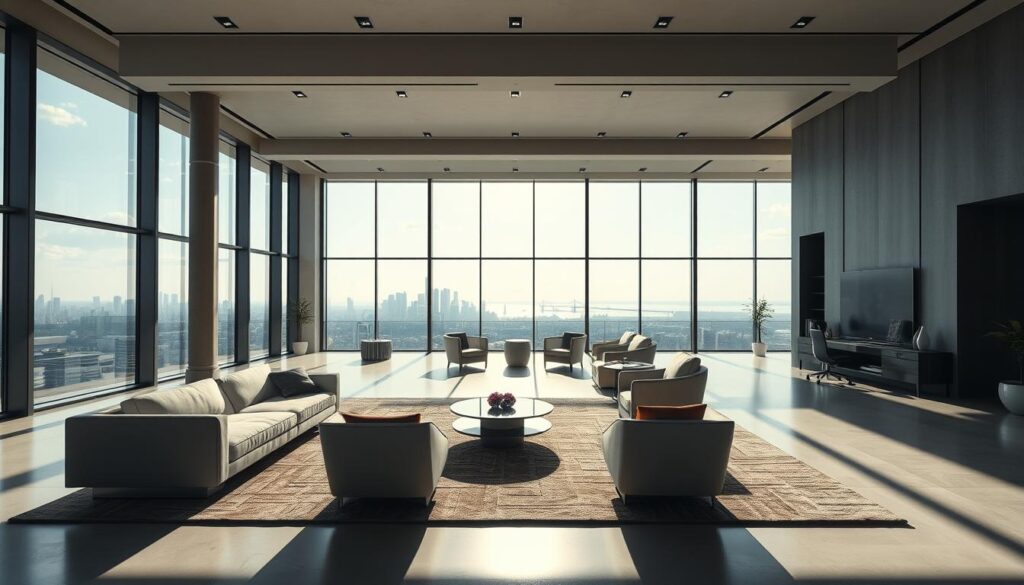 A modern, minimalist interior design studio with a focus on innovative spatial layouts and cutting-edge materials. The foreground features sleek, angular furniture pieces arranged in a minimalist yet functional configuration. The middle ground showcases a large, open-plan space with high ceilings and an abundance of natural light streaming in through floor-to-ceiling windows. The background depicts a serene urban skyline, hinting at the design's urban context. The overall mood is one of sophistication, elegance, and a forward-thinking approach to contemporary living spaces.