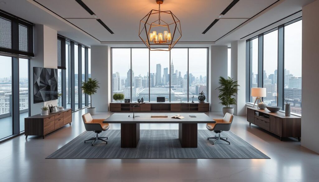 A modern, minimalist interior space with clean lines and an open floor plan. The focal point is a large, sleek desk in the center, surrounded by a variety of functional yet stylish design elements. A minimalist geometric light fixture casts a warm, ambient glow, while floor-to-ceiling windows offer abundant natural light and a serene cityscape in the background. Subtle textures, such as smooth wood surfaces and textured fabrics, add depth and visual interest. The overall atmosphere is one of efficiency, creativity, and sophisticated design.