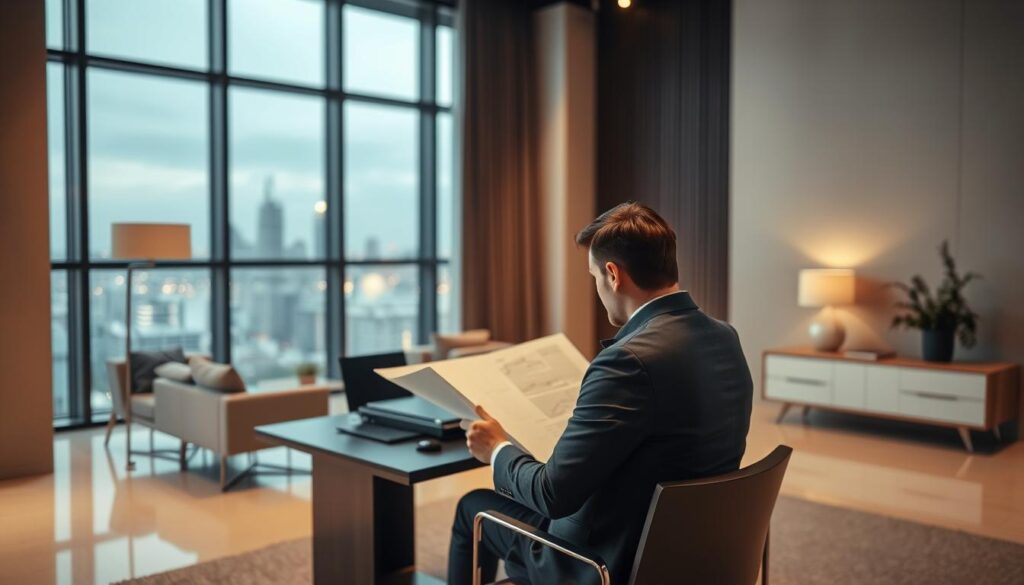 A modern, minimalist office interior with sleek furniture and clean lines. In the foreground, a well-dressed professional, presumably an architect, sits at a desk reviewing architectural plans and documents. Warm, indirect lighting illuminates the scene, creating a calm and focused atmosphere. In the background, large windows offer a cityscape view, symbolizing the architect's role in shaping the urban landscape. The overall composition conveys the refined, analytical nature of an architect's work and the competitive, high-earning nature of their profession.