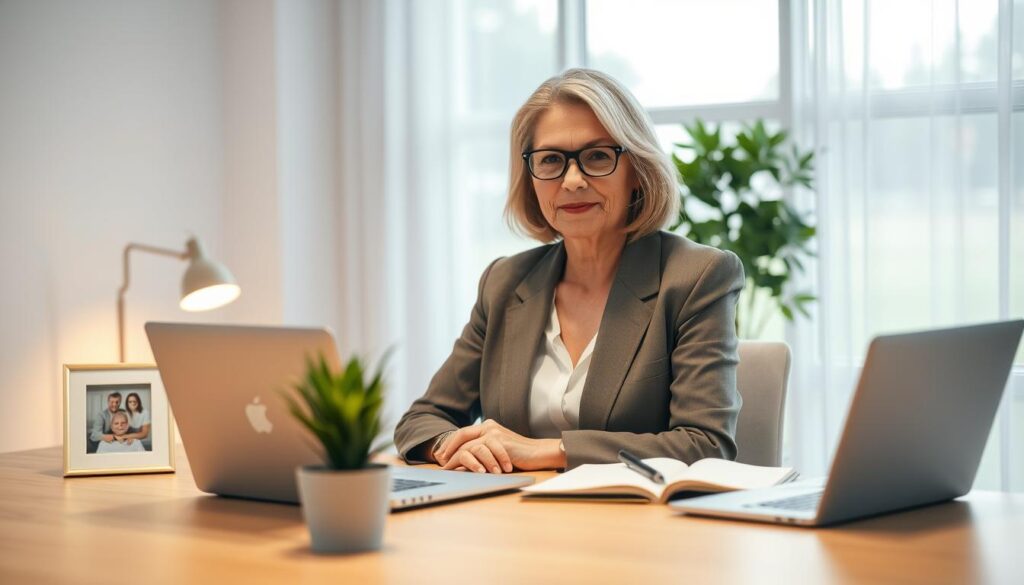 A modern, minimalist office setting with a 50-year-old woman at the center, dressed in professional attire. The foreground features her laptop and a notebook, symbolizing her work responsibilities. In the middle ground, a potted plant and a family photo frame suggest her personal life. The background is blurred, but hints at a peaceful outdoor scene through a window, conveying a sense of balance and harmony. Warm, soft lighting from a nearby lamp creates a cozy, reflective atmosphere. The overall composition aims to visually represent the delicate equilibrium a 50-year-old professional woman seeks to maintain between her career and personal life.