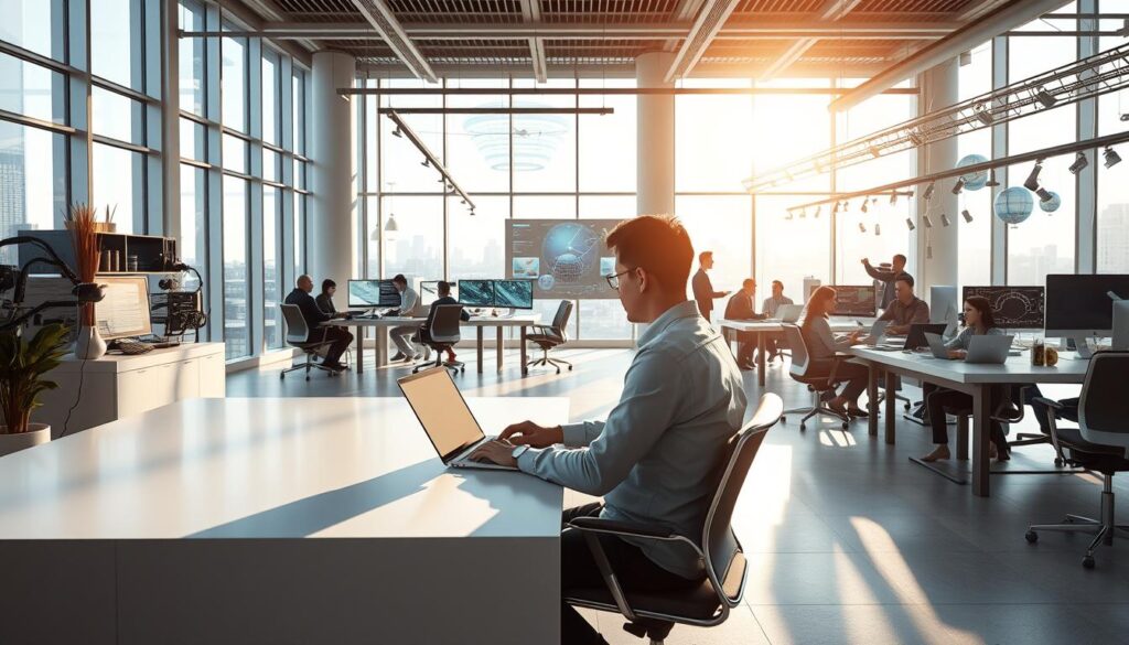 A modern, minimalist office setting with an abundance of natural light streaming through large windows. In the foreground, a focused systems engineer sitting at a sleek, uncluttered desk, engrossed in their work on a laptop. The middle ground features collaborative workspaces with teams of engineers engaged in animated discussions, reflecting the spirit of "働き方改革" - a flexible, balanced work environment. The background showcases futuristic technology, holographic displays, and cutting-edge equipment, hinting at the dynamic, forward-thinking nature of the systems engineering profession. The overall atmosphere is one of productivity, innovation, and a healthy work-life integration.