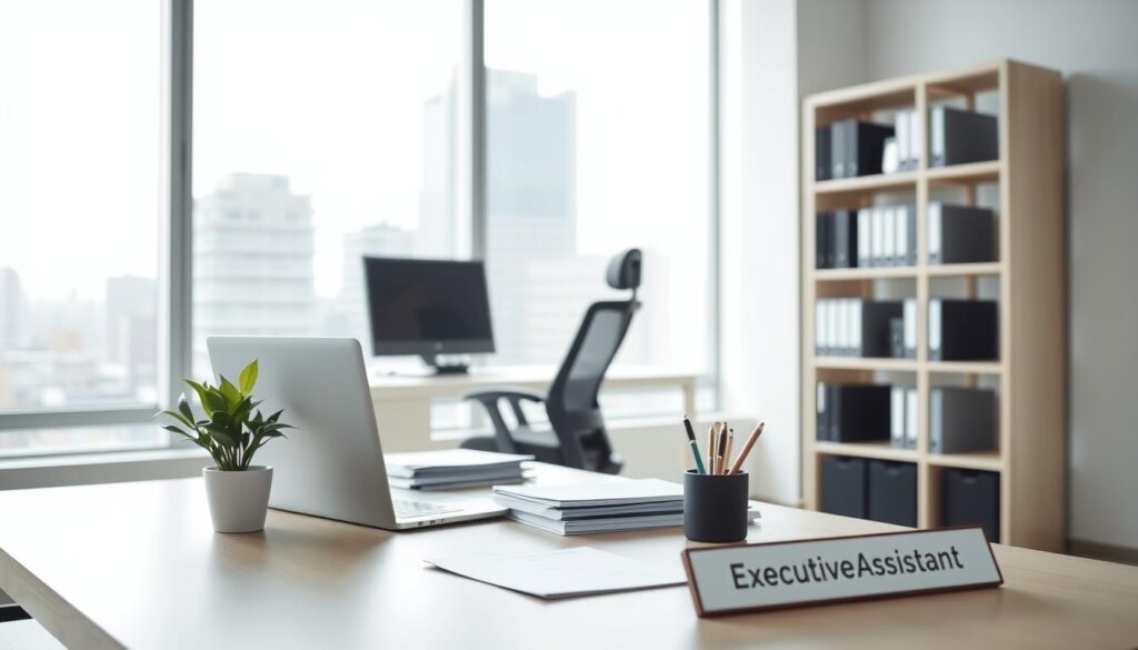 A modern, minimalist office setting with natural lighting. In the foreground, a neatly organized desk with a laptop, pen holder, and a potted plant. On the desk, a stack of folders and a name plate that reads "Executive Assistant". In the middle ground, a sleek, ergonomic office chair and a bookshelf filled with reference materials. The background features large windows overlooking a cityscape, creating a sense of professionalism and productivity. The overall mood is one of efficiency, organization, and attention to detail - qualities essential for the role of a skilled secretary.