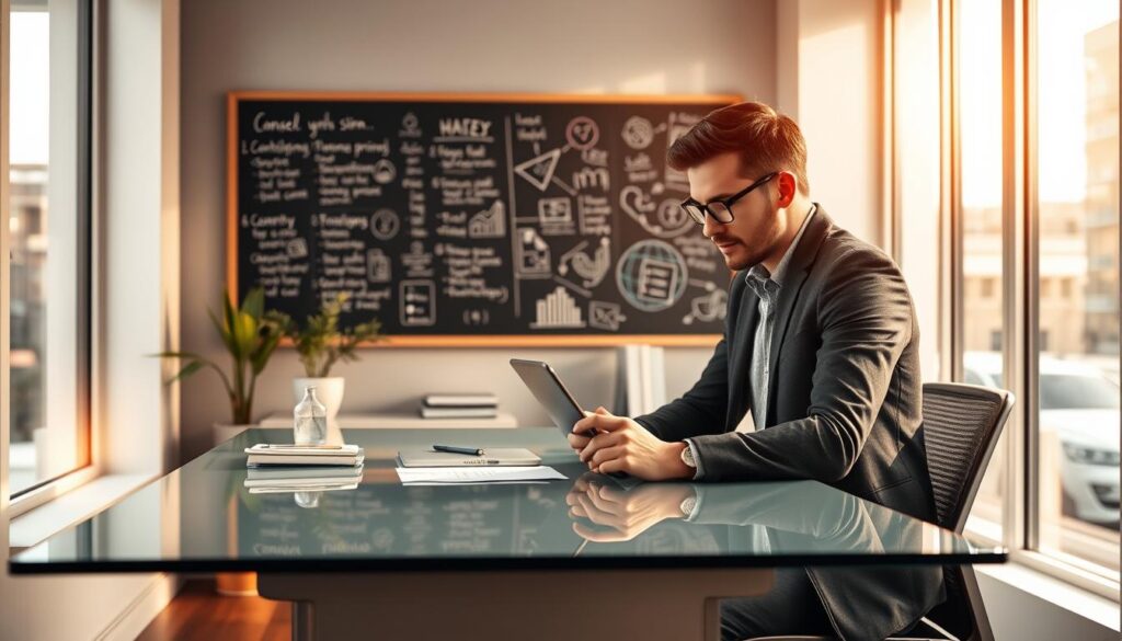 A modern, minimalist office space with an entrepreneur working diligently at a sleek, glass-topped desk. Warm, natural lighting filters in through large windows, casting a cozy glow. In the background, a wall-mounted chalkboard displays inspirational notes and sketched business plans. A potted plant and a neatly organized workspace suggest a sense of focus and productivity. The entrepreneur's body language conveys a feeling of confidence and determination, capturing the independence and control associated with starting one's own consulting firm.