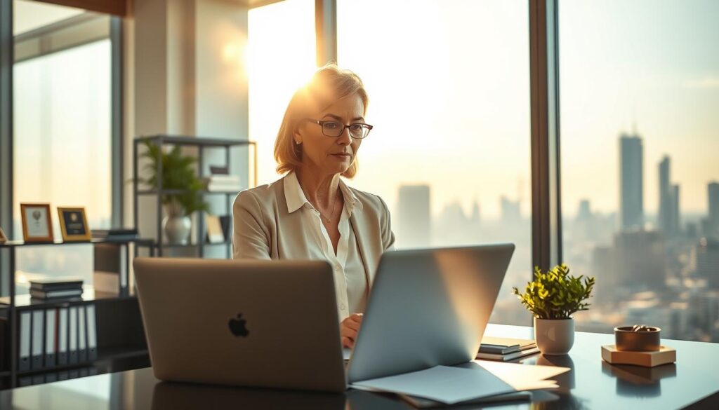 A modern office interior with a 50-year-old woman considering career options. Sunlight streams through large windows, casting warm natural light on her thoughtful expression. In the foreground, a desk with a laptop, papers, and a potted plant symbolizes the decision-making process. The middle ground features shelves of business books and awards, hinting at her professional experience. The background depicts a panoramic city skyline, suggesting the scale of the corporate landscape she navigates. An air of contemplation and possibility permeates the scene, capturing the essence of a 50-year-old woman's journey to find the right-sized enterprise for her next chapter.