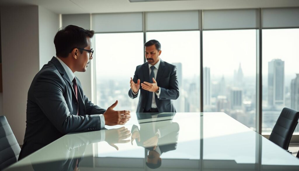 A modern office interior with a businessman in a suit engaged in an intense negotiation with a client. The foreground features the two figures leaning across a sleek, glass-topped table, their hands gesturing emphatically as they discuss terms. Soft, directional lighting casts dramatic shadows, highlighting the tension in the scene. The background is minimalist, with a large window offering a view of a bustling cityscape. The color palette is muted, emphasizing the professionalism and gravity of the situation. An atmosphere of high-stakes decision-making permeates the space, underscoring the importance of effective communication skills for a space information consultant.