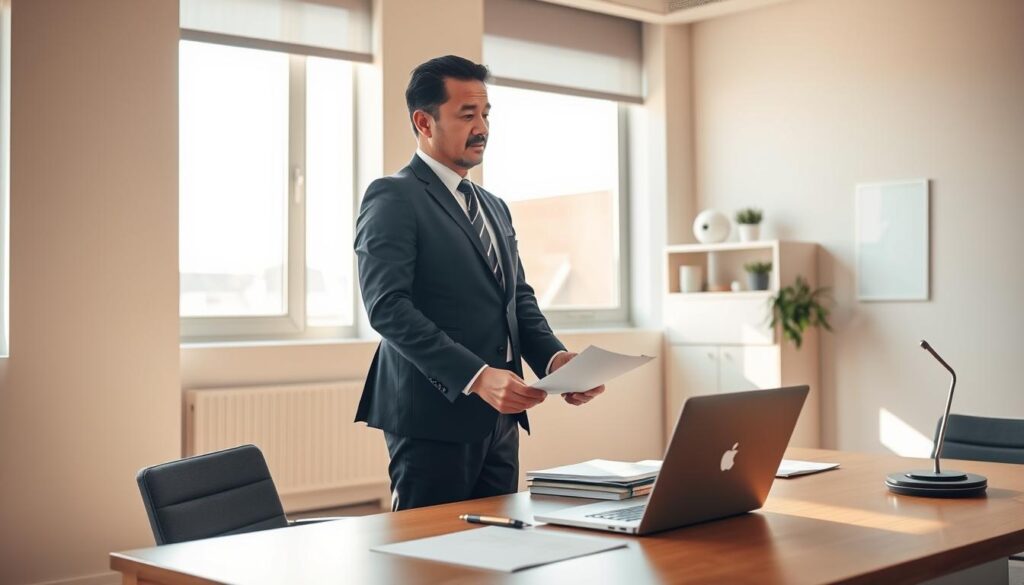 A modern office interior with a businessman in a suit standing at a desk, reviewing paperwork and contemplating his transition from the Japanese Self-Defense Forces. The room is brightly lit with natural daylight streaming through large windows, casting a warm, professional atmosphere. The desk is neatly organized, with a laptop, pen, and cup of coffee, suggesting a thoughtful preparation for the next chapter. The background features neutral-toned walls, shelves, and minimal decor, keeping the focus on the central figure and his deliberation about the path forward after military service.