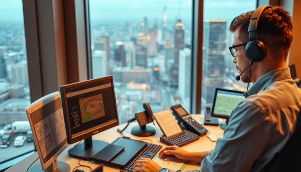 A modern office interior with a computer workstation, desk, and chair. The foreground features a person in professional attire, focused on a laptop screen, representing a dispatcher's daily tasks. The middle ground showcases various communication devices like headphones, phones, and a map or tracking board, illustrating the dispatcher's role in coordinating transportation operations. The background presents an expansive window overlooking a bustling city skyline, conveying the broader context of the dispatcher's work in the transportation industry. The lighting is warm and natural, creating a professional and productive atmosphere.