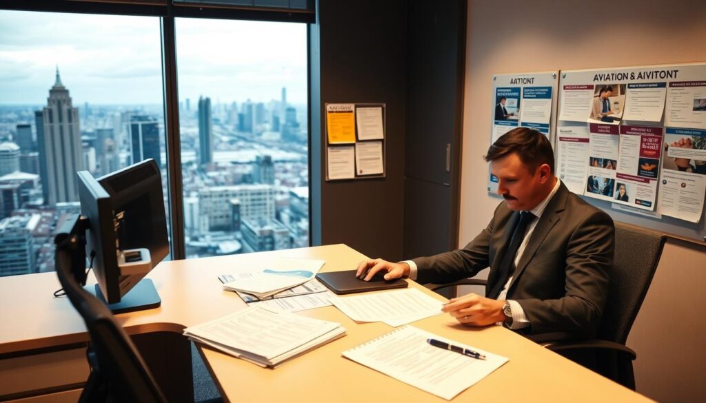 A modern office interior with a desk, chair, and computer. In the foreground, a person in professional attire is sitting at the desk, reviewing resumes and documents. On the desk, there are various job search materials, including a laptop, notepad, and pen. The middle ground features a bulletin board with job postings and networking event flyers. The background showcases large windows, providing a view of a bustling city skyline, suggesting the dynamic nature of the aviation industry. The lighting is warm and inviting, creating a focused and productive atmosphere. The overall scene conveys the process of navigating job opportunities and career transitions within the aviation sector.