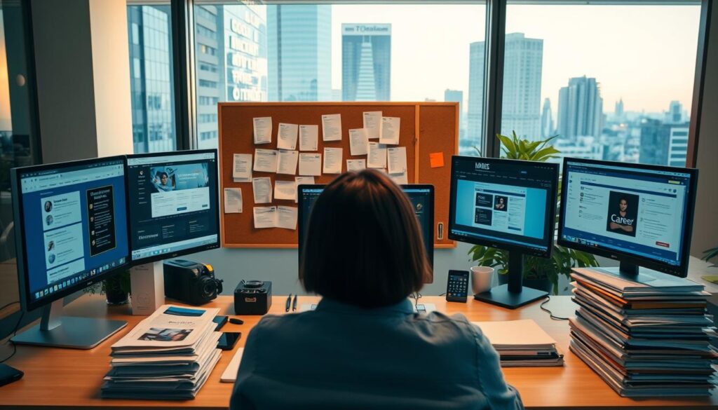 A modern office interior with a desk, computer, and stacks of documents. In the foreground, a person sits at the desk, surrounded by various career-related services and websites displayed on multiple screens. The middle ground features a cork board with printed materials and notes, representing the exploration of different job opportunities. The background showcases a window with a cityscape, conveying the idea of a dynamic urban environment. The lighting is warm and inviting, creating a focused yet contemplative atmosphere as the person navigates their career transition.