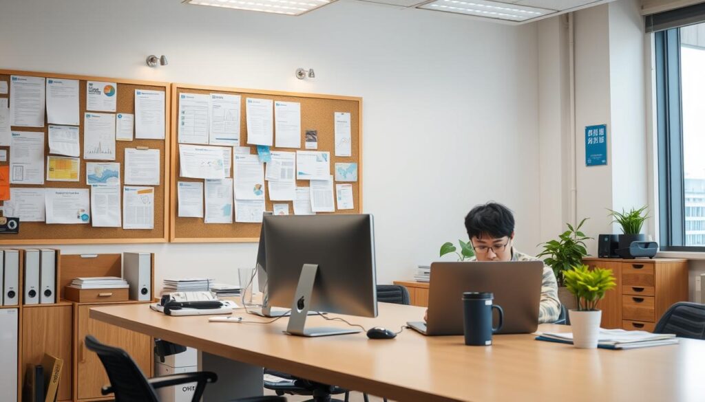 A modern office interior, with a desk, computer, and various office supplies. In the foreground, a person is seated at the desk, working diligently on their laptop. The middle ground features a bulletin board on the wall, showcasing various employment-related documents and forms. The background depicts a large window, allowing natural light to flood the space, creating a warm and productive atmosphere. The overall scene conveys a sense of focus and productivity, reflecting the concept of "就業促進定着手当の活用例".