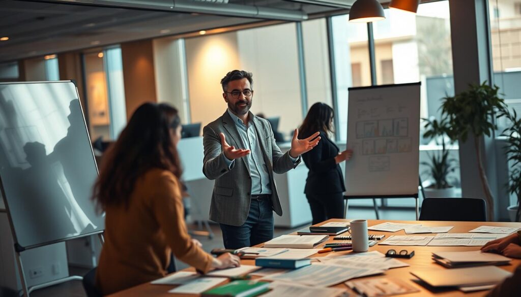 A modern office interior with a focused project manager standing at a whiteboard, surrounded by colleagues engaged in a lively discussion. Warm directional lighting illuminates the scene, casting dramatic shadows. The manager gestures with an open posture, conveying authority and confidence. Scattered notes, diagrams, and project materials adorn the table, reflecting the hands-on nature of the work. The background blurs softly, emphasizing the collaborative dynamic in the foreground. An atmosphere of problem-solving and strategic thinking permeates the space.