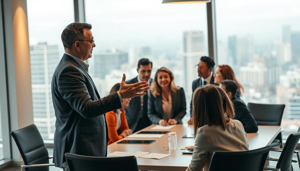 A modern office interior with a group of professionals gathered around a conference table, discussing the details of a new hire's start date. Warm, indirect lighting casts a soft glow, creating an atmosphere of collaborative problem-solving. In the foreground, a senior manager gestures expressively, outlining key considerations for aligning the new employee's availability with the company's operational needs. The middle ground showcases the attentive faces of the team, capturing their focused engagement. In the background, a large window offers a view of a bustling cityscape, underscoring the professional setting. The overall scene conveys the importance of carefully orchestrating a new hire's integration, balancing the individual's circumstances with the organizational requirements.