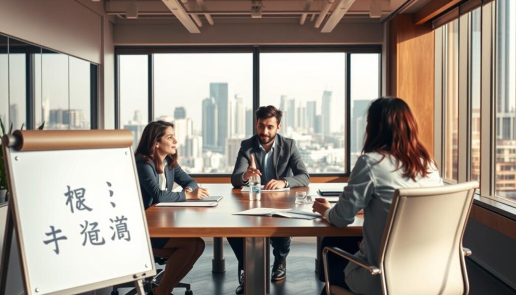 A modern office interior with a group of professionals gathered around a conference table, discussing employment strategies. The scene is bathed in warm, natural lighting, creating a collaborative and productive atmosphere. In the foreground, a whiteboard displays the phrase "リファラル採用の活用", indicating the topic of the meeting. The middle ground features the employees engaged in animated discussion, their body language suggesting an energetic exchange of ideas. In the background, the office windows offer a view of a bustling city skyline, symbolizing the broader professional context. The overall composition conveys a sense of strategic planning and the effective utilization of professional networks for successful job placement.