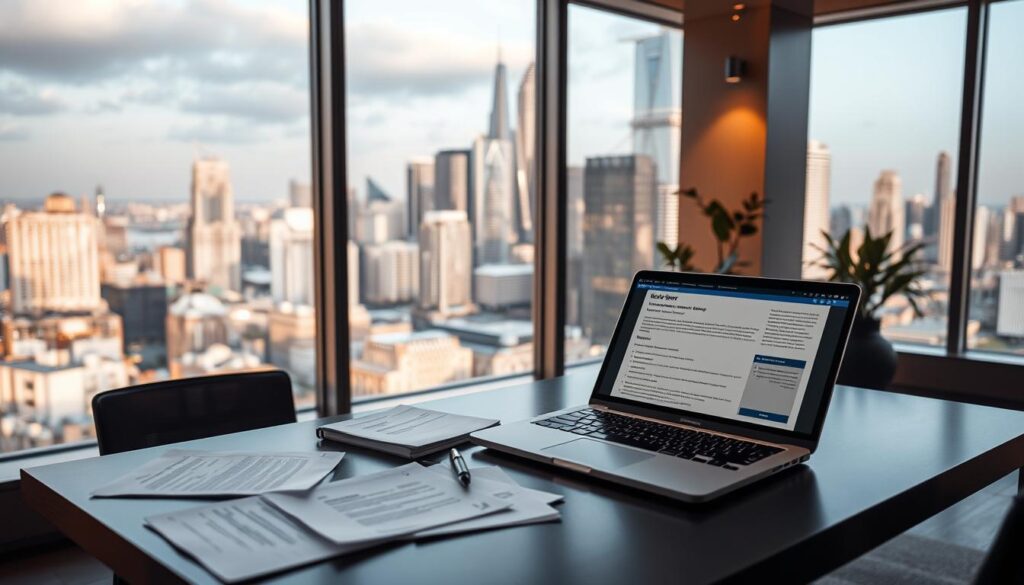 A modern office interior with a large window overlooking a bustling city skyline. On the desk, a laptop displays research on a potential new employer, with various documents and notes scattered around. The lighting is warm and inviting, creating a contemplative atmosphere as the person researches their next career move. The scene conveys a sense of focus, ambition, and the excitement of exploring new opportunities.
