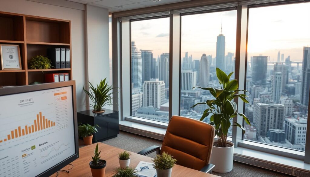 A modern office interior with a large window overlooking a bustling cityscape. In the foreground, a desk with a computer monitor displaying financial data and paperwork related to "就業促進定着手当の基本". A leather office chair and potted plants add a touch of warmth. The middle ground features a bookshelf with organizational binders and framed certificates. The background showcases the city skyline, with skyscrapers and a hint of sunset colors in the sky. The lighting is a balanced mix of natural daylight and soft, indirect office lighting, creating a professional and productive atmosphere.