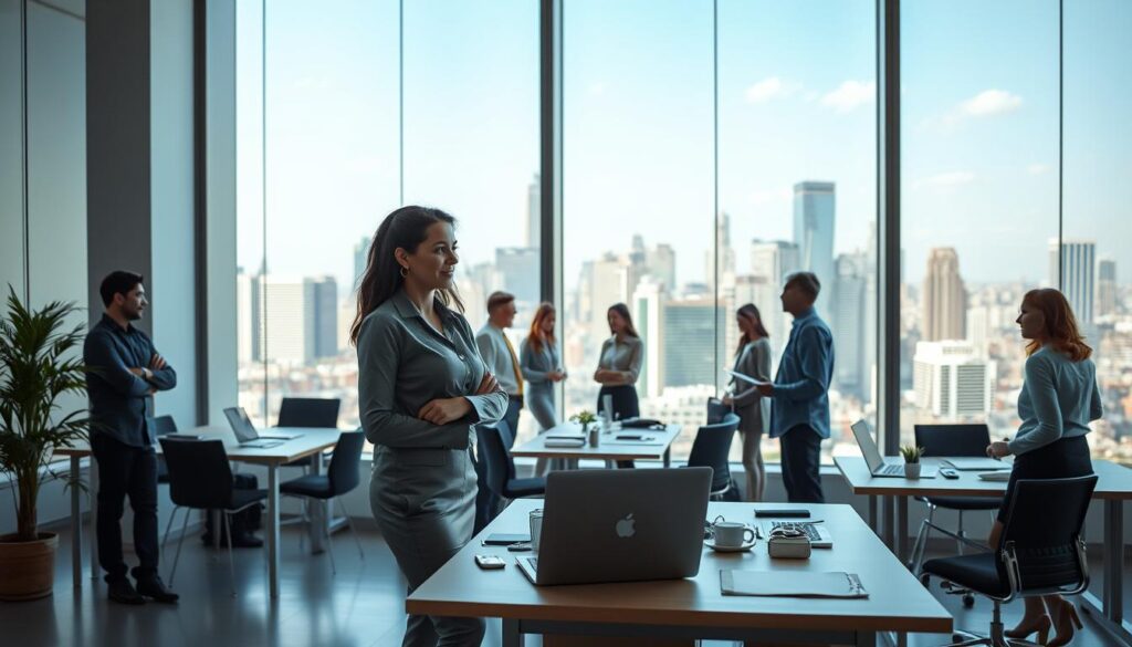 A modern office interior with a large window overlooking a vibrant cityscape. The room is flooded with natural light, creating a bright and energetic atmosphere. In the foreground, a professional businesswoman stands at a desk, her posture conveying a sense of confidence and ambition. On the desk, a laptop and various office supplies suggest a career in progress. The middle ground features several coworkers engaged in animated discussions, representing the collaborative nature of the workplace. In the background, the skyline of a bustling metropolis serves as a symbolic backdrop, hinting at the boundless opportunities for career growth and advancement.