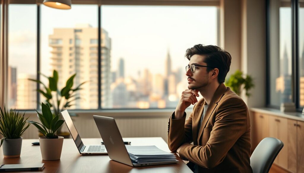 A modern office interior with a mid-century aesthetic. Warm, natural lighting illuminates a minimalist desk setup featuring a laptop, potted plant, and a stack of documents. In the foreground, a thoughtful professional gazes pensively, contemplating their motivations for a career change. The middle ground showcases a large window overlooking a bustling city skyline, symbolizing new opportunities. The background is softly blurred, creating a sense of focus and introspection. The overall mood is one of quiet determination and a desire for personal growth.