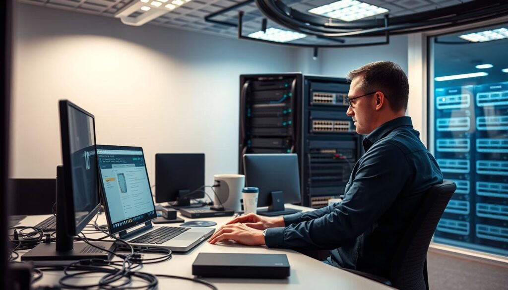A modern office interior with a network engineer working at a desk, surrounded by various networking devices and cables. The engineer is intently focused on a laptop screen, with a rack of servers and network switches in the background. Soft, directional lighting illuminates the scene, creating a sense of professionalism and technical expertise. The overall atmosphere conveys the complexity and importance of the network engineer's role in maintaining and troubleshooting critical IT infrastructure.