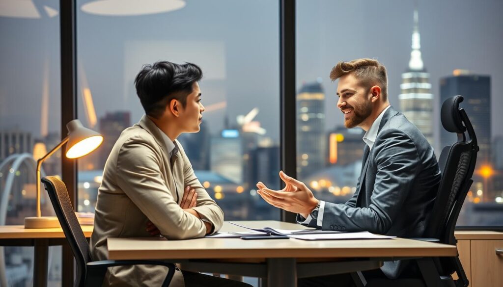 A modern office interior with a professional recruitment agent sitting at a desk, discussing employment opportunities with a job seeker. The agent is wearing a crisp suit and exuding an air of authority, while the job seeker listens intently, their body language conveying a mix of anticipation and uncertainty. Warm lighting from task lamps illuminates the scene, creating a cozy, productive atmosphere. The background features a large window overlooking a bustling city skyline, hinting at the broader context of the job market and the agent's role in navigating it. An ergonomic chair and a tidy, organized desk complete the scene, suggesting the agent's expertise and the client-focused nature of the interaction.