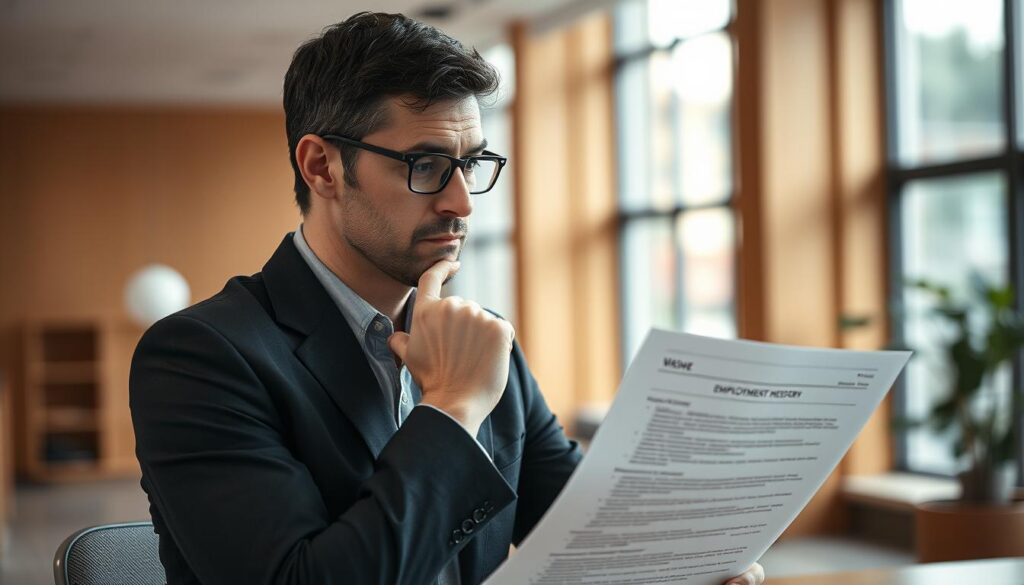 A modern office interior with a thoughtful executive contemplating a resume with a gap in employment history. Soft natural lighting from floor-to-ceiling windows, warm wood tones and muted color palette create a contemplative mood. The executive's posture is pensive, hand on chin, as they carefully consider the potential reasons and implications of the employment gap. The background is slightly blurred, placing the focus on the executive's thoughtful expression. The scene conveys the nuanced perspective a hiring manager might have when reviewing a candidate's resume with a period of unknown professional activity.
