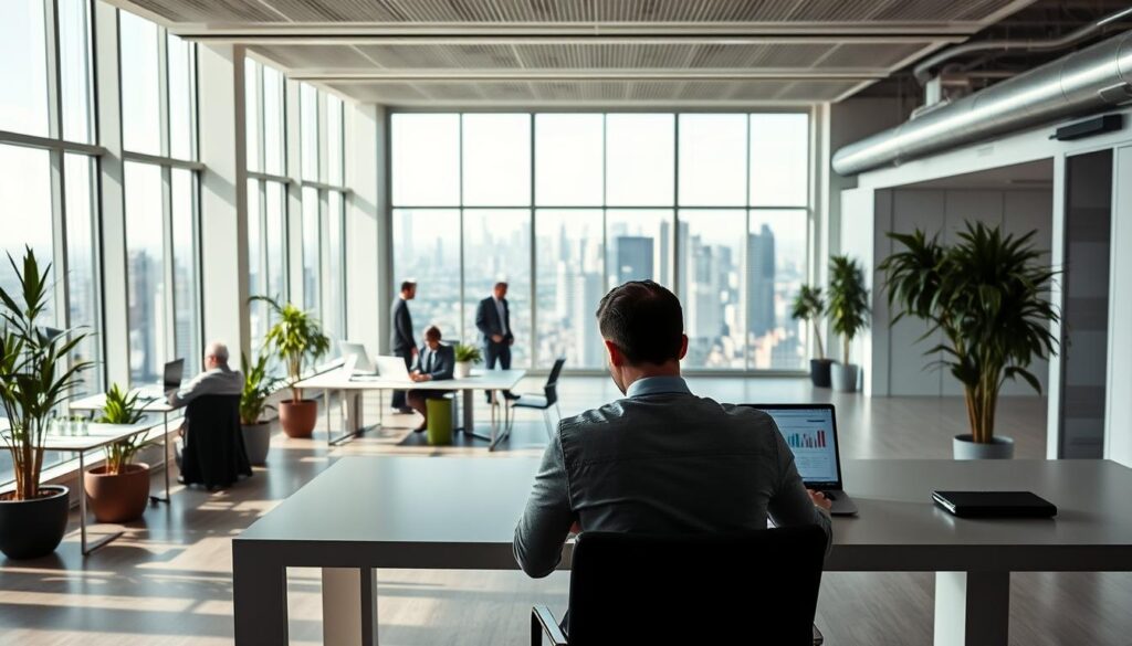 A modern office interior with a wide, airy workspace. In the foreground, a compensation consultant sits at a sleek, minimalist desk, deeply focused on a laptop screen. The middle ground is filled with colleagues collaborating at standing desks, surrounded by potted plants and natural light streaming in from large windows. In the background, a panoramic city skyline is visible, hinting at the scope and importance of the consultant's work. The scene conveys a sense of efficiency, professionalism, and intellectual stimulation, capturing the essence of a compensation consultant's dynamic and multifaceted workday.