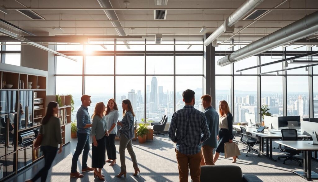A modern office interior with an abundance of natural light streaming through large windows. In the foreground, a group of employees engaged in friendly conversation, reflecting the warm and collaborative atmosphere. The middle ground showcases a variety of amenities, including a well-stocked pantry, a relaxation area with comfortable seating, and state-of-the-art work stations. In the background, a panoramic view of a bustling city skyline, hinting at the career opportunities and professional growth that this workplace offers. The scene exudes a sense of work-life balance, wellness, and an overall employee-centric approach to benefits and compensation.